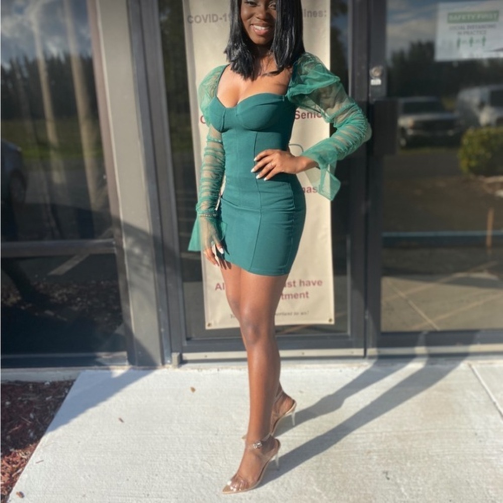 Chic Teal Mini Dress with Sheer Sleeves